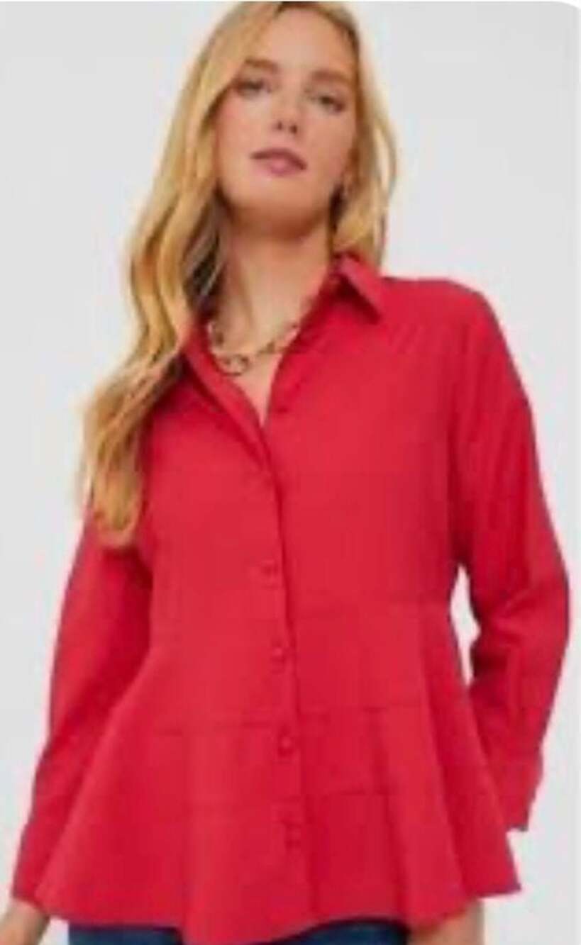 Pomander Place Red Button-Down Long Sleeve Peplum Blouse